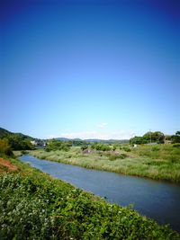 Scenic view of lake against clear blue sky