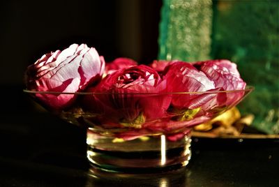 Close-up of red rose in glass on table