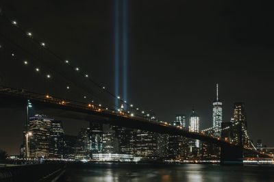 Suspension bridge over river at night