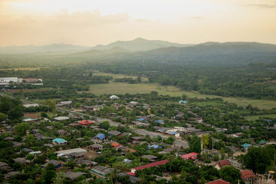 High angle view of buildings against sky