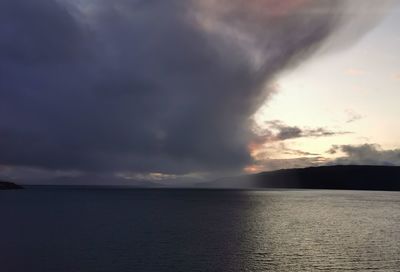 Scenic view of sea against storm clouds