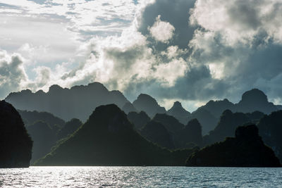 Scenic view of sea and mountains against sky