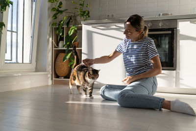 Young woman owner enjoy taking care of beloved cat and combing it sits on floor at home. pet lovers