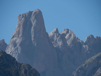 Low angle view of snowcapped mountains against clear sky