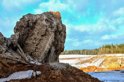 Rock formations on shore against sky