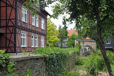 House by trees in town against sky