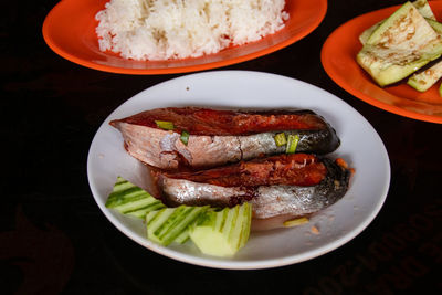 High angle view of food in plate on table