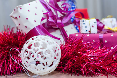 Close-up of christmas present on table