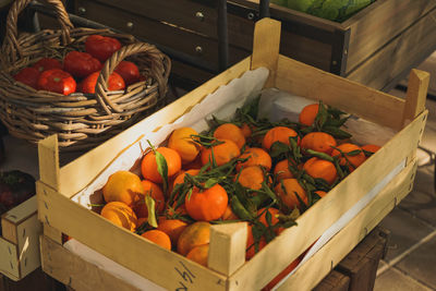 High angle view of fruits in crate