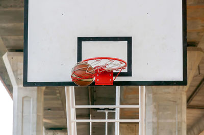 Low angle view of basketball in hoop