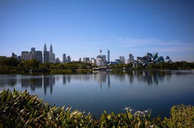 Scenic view of lake against clear blue sky