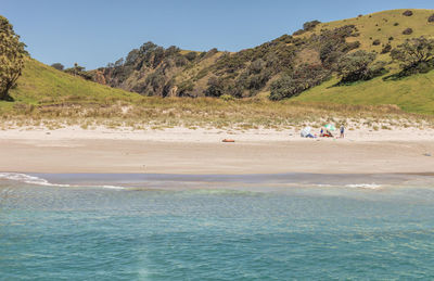 People at beach against clear sky