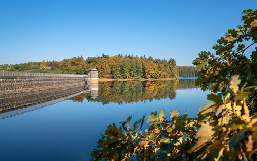 Scenic view of lake against clear blue sky