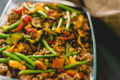 High angle view of chopped vegetables in bowl