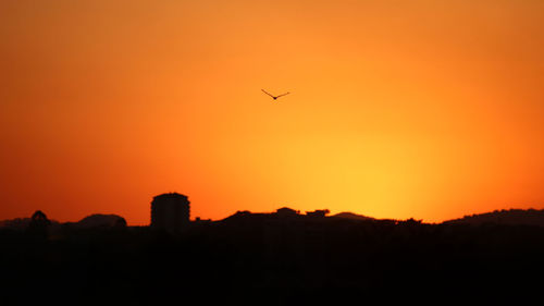 Silhouette of airplane against orange sky