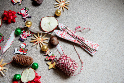 High angle view of christmas decoration on table