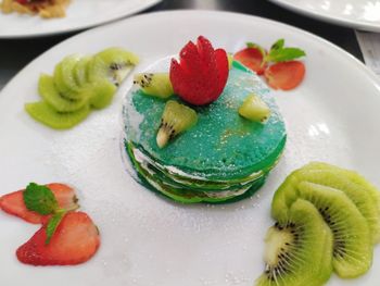 High angle view of dessert in plate on table