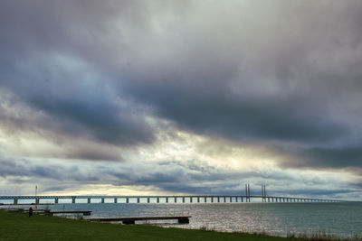 Bridge over sea against cloudy sky