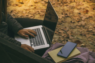 Girl study sitting on a bench in the park in a beautiful autumn afternoon. teen using laptop