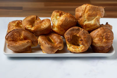 High angle view of bread in plate on table