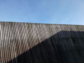Low angle view of metal fence against blue sky