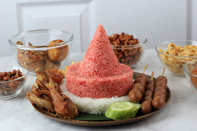 Red and white rice called nasi tumpeng same as indonesian national flag for independence day