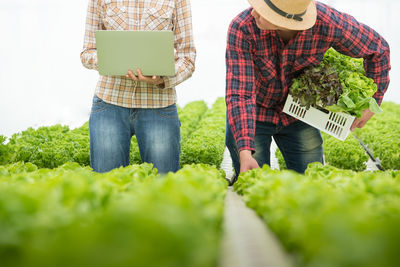 Panoramic view of man holding woman standing against plants