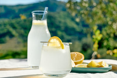 Summer refreshing lemonade drink or alcoholic cocktail with ice, rosemary and lemon slices on table