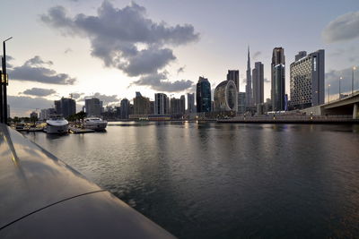 Dubai, uae  dubai skyline from marasi st, dubai business bay, dubai canal, near burj khalifa 