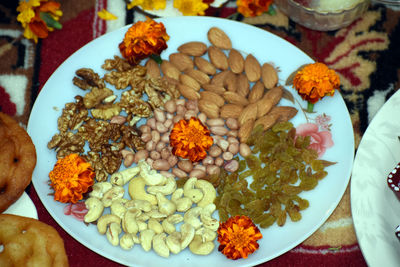 High angle view of meal served on table