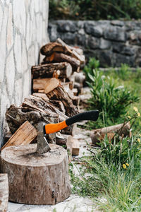 Close-up of hammer on wood