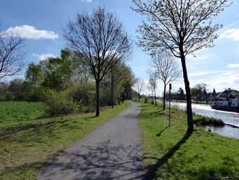 Road amidst bare trees against sky