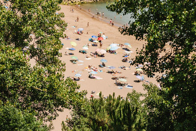 From above of distant tourists resting on coast with parasols near sea in tropical resort with trees on sunny summer day in getaria zarautz