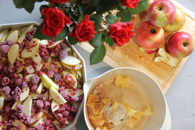 High angle view of breakfast served on table