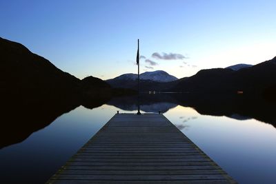 Scenic view of lake and mountains against clear sky