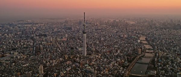 High angle view of cityscape against sky during sunset,tokyo,japan
