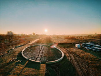 High angle view of road against sky during sunset