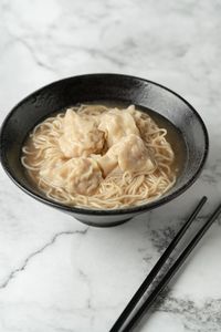 High angle view of noodles in bowl on table