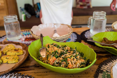 High angle view of food served on table