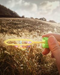 Cropped image of person holding grass in field