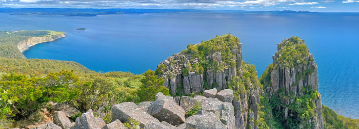 Sea cliffs panorama from the bishop and clerk dolerite formation at maria island, tasmania.