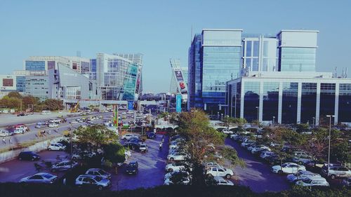 Modern buildings against clear sky