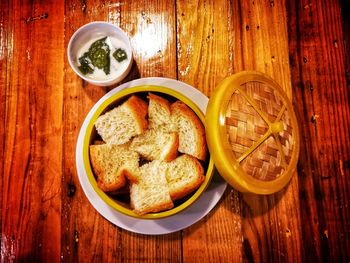 High angle view of breakfast on table