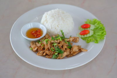 High angle view of meal served on table