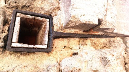 Close-up of old window on wall