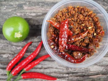 High angle view of fruits in bowl on table