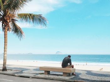 Rear view of man sitting on a bench in brazil