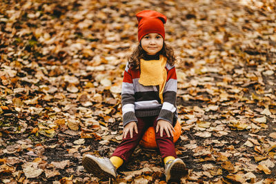 Portrait of cute boy wearing autumn leaves