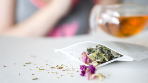 Close-up of herbal tea on table