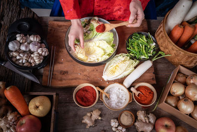 High angle view of food on table